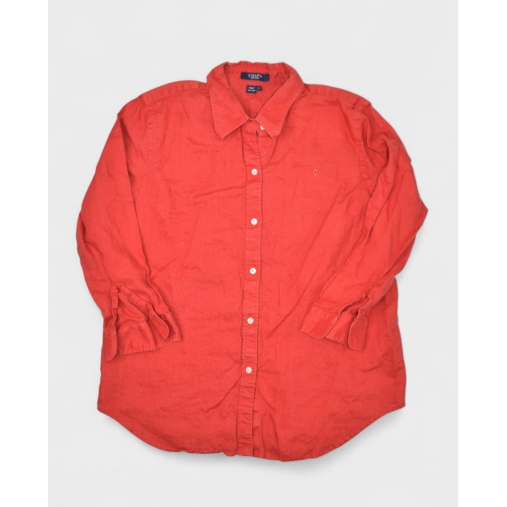 Chaps Shirt Womens L Red Linen Long Sleeve Button Up Ralph Lauren Lightweight